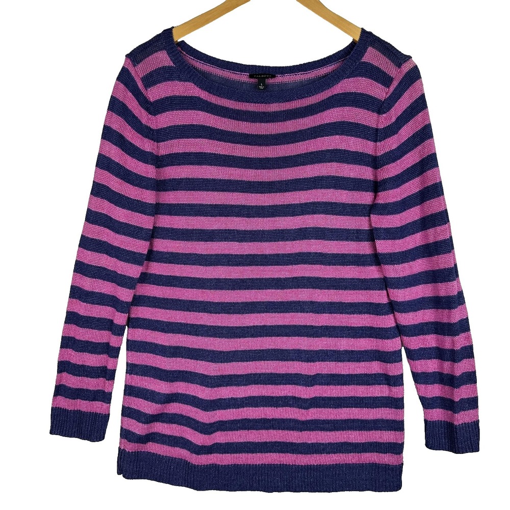 Talbots 100% Linen Sweater Blue Pink Stripe Long Sleeve Pullover Women's